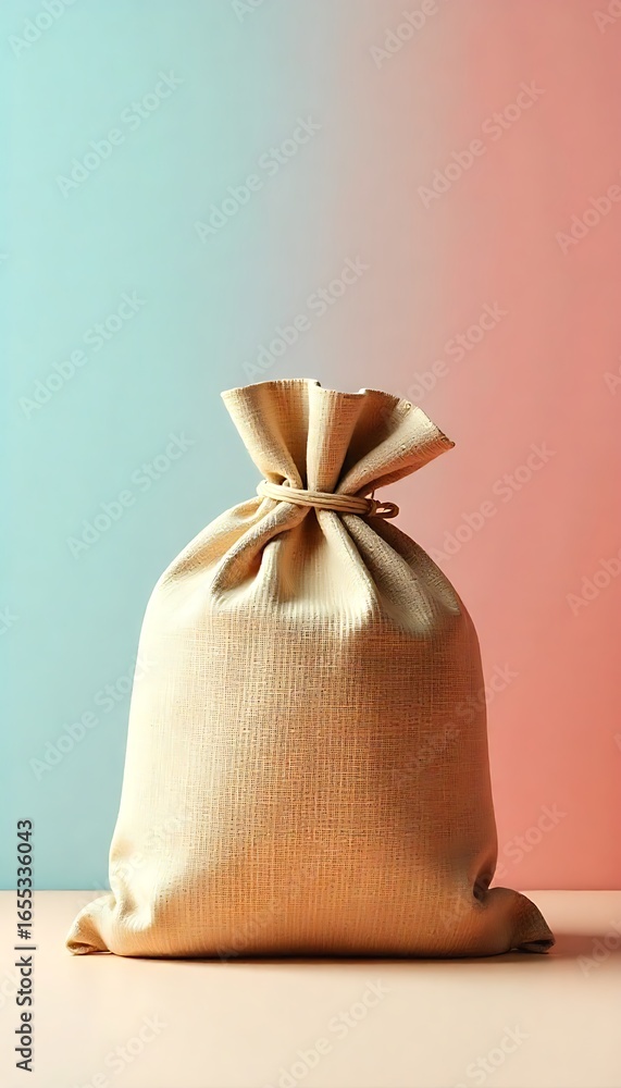 Poster generative ai image: a tightly bound burlap sack against a two-tone pastel backdrop showcasing its