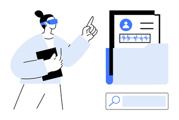 Woman reviewing electronic health records, pointing to insights. Nearby folder displays user profile and ECG data. Ideal for healthcare, technology, data analysis, AI, innovation, education simple