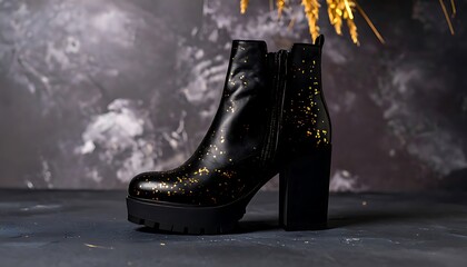 Black ankle boots with gold glitter detailing on a dark surface.