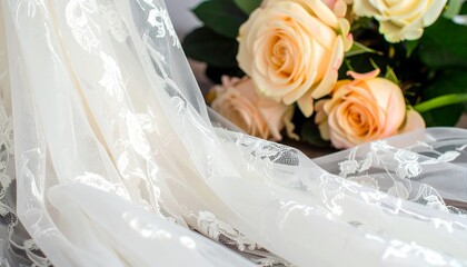 Fototapeta premium Delicate white lace fabric draped over a backdrop of soft peach roses.