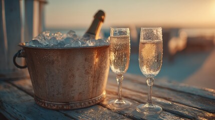 Champagne Celebration: Sparkling Wine, Ice Bucket, Beach