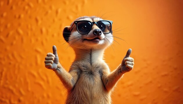 Stylish meerkat wearing black sunglasses gives two thumbs up gesture. Cartoon animal character with playful expression stands against vibrant orange background. Fun, quirky, summer theme illustration.