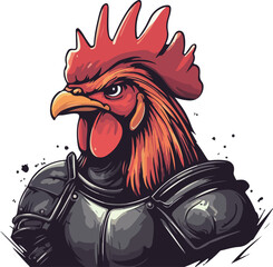 Cartoon illustration of a chicken wearing armor
