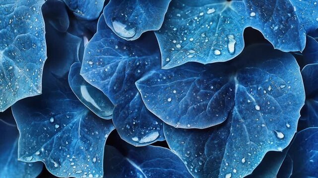 Close-up view of deep blue leaves covered in water droplets