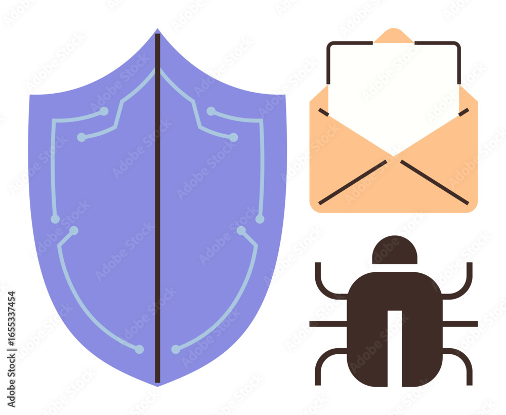 Poster shield with circuit pattern, envelope, and malware bug symbolizing digital protection and data safet