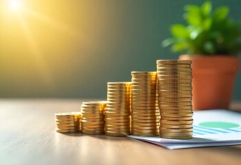Generative AI Image: Financial Growth Depicted with Stacked Coins and Economic Progression