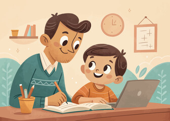 Cartoon Illustration of a Father and Son Studying Together Sharing Knowledge Bonding and Learning in a Warm and Supportive Environment at Home