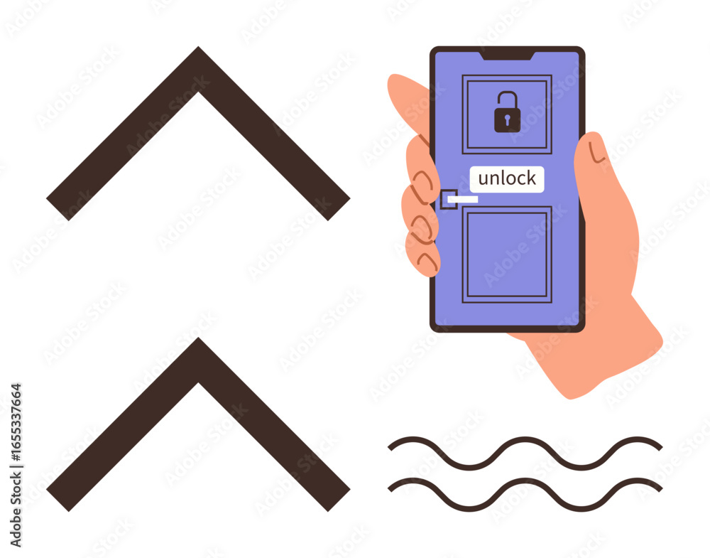 Poster smartphone controlling door lock with access symbol, arrows denoting control gestures, and wavy line