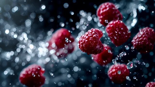 raspberries with water droplets on a dark.