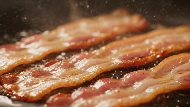 Close up of sizzling bacon strips cooking in a pan with visible steam and rendered fat bubbles