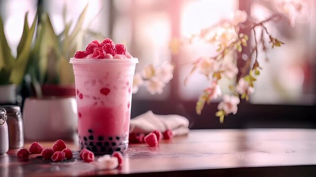 A closeup of a glass of boba with raspberries and blackberries on a wooden surface. The boba is a pinkishred beverage with a white lid and a straw filled with a clear liquid.