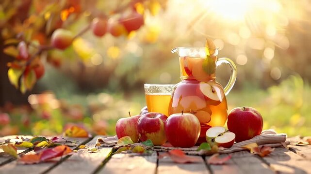 A vivid, sunlit scene featuring a pitcher of apple juice with a slice of apple on the rim. The pitcher is filled with a clear liquid, possibly apple cider.