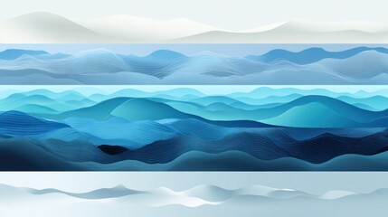 Abstract layers of mountains blend from white to blue, evoking depth and texture