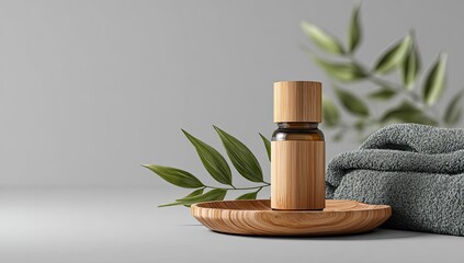 Amber essential oil bottle with wooden cap and label, rests on a small wooden tray beside a rolled teal towel and olive branches against a grey backdrop