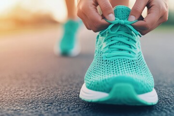 Close up of female athlete tying shoelaces on turquoise running shoes before jogging on asphalt road