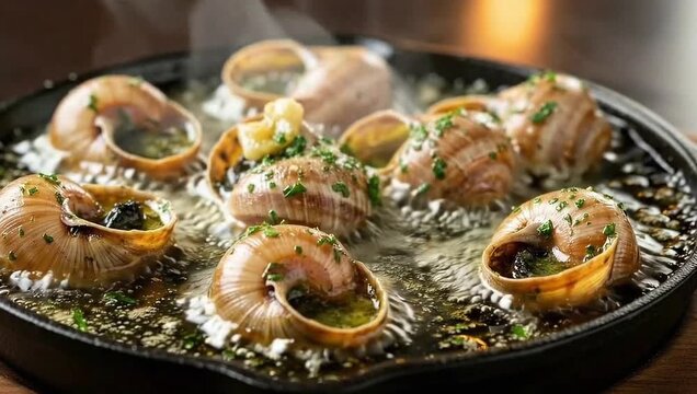 Escargots in a black pan with bubbling butter and parsley garnish ready to be served as appetizer. escargot