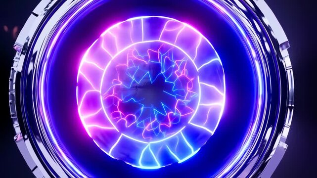 Abstract, futuristic design with glowing, vibrant colors.  Metallic, circular frame surrounds a central, dynamic energy sphere.  Neon-like violet and blue light patterns radiate outward