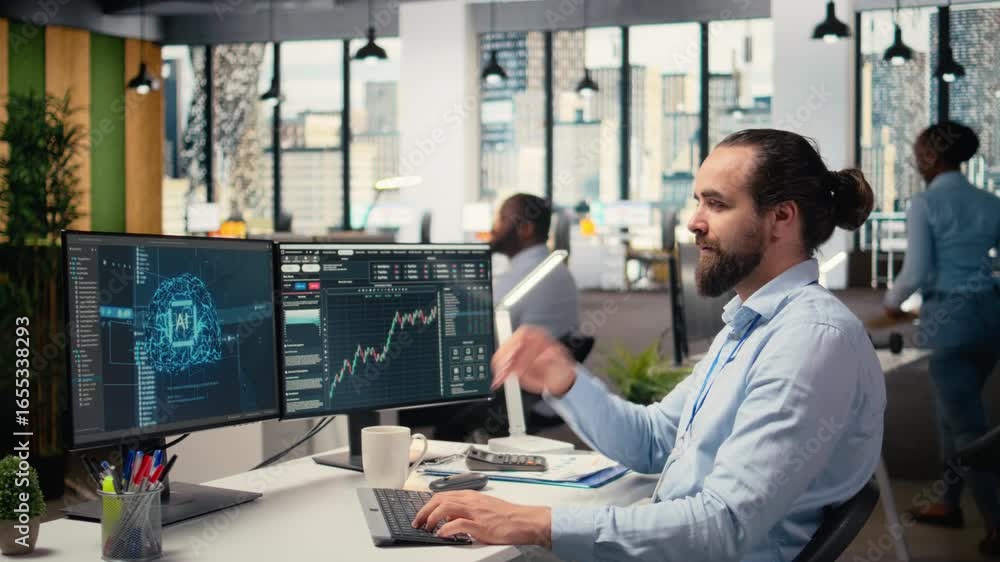 Poster portfolio manager in office using artificial intelligence to evaluate capital allocation based on ec