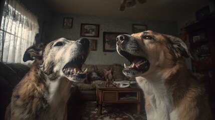 Two expressive mixed-breed dogs howling in unison with open mouths and visible teeth.