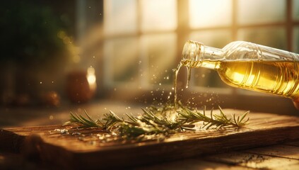 Golden oil pours from a glass bottle onto a wooden board with fresh rosemary sprigs, backlit by a sunlit window