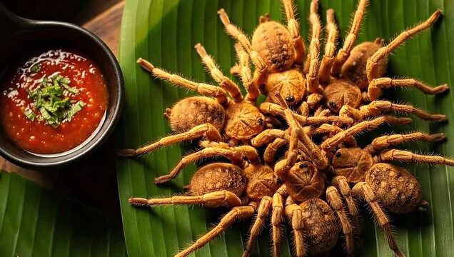 Close up of fried tarantulas on a banana leaf with a bowl of red dipping sauce on the side