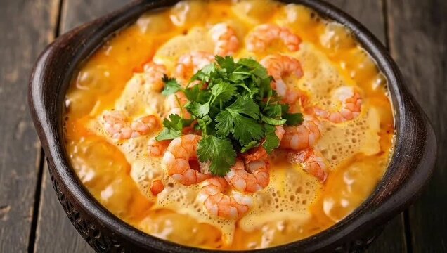 Close up of shrimp dish with cilantro garnish in a dark bowl on a wooden surface view from above. Bob&oacute; de camar&atilde;o