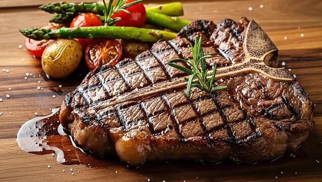 Grilled t bone steak with asparagus and tomatoes on a wooden board close up delicious meal presentation
