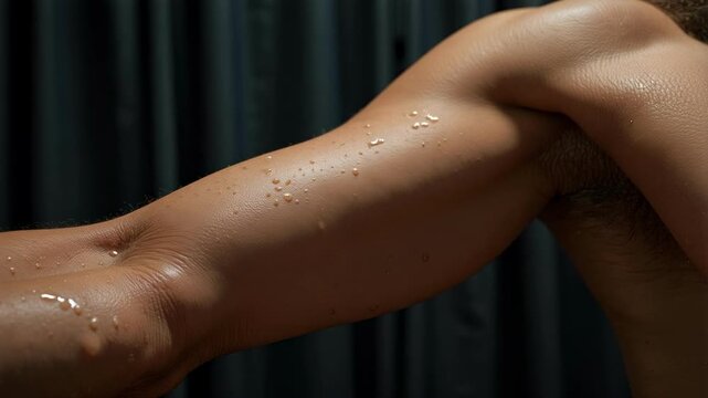 Muscular arm glistening with sweat drops after intense workout, conveying strength and effort in a dynamic, close-up shot.