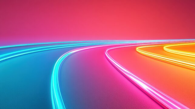 Glowing neon lines are forming a vibrant, colorful road against a dynamic gradient background, creating a striking futuristic atmosphere