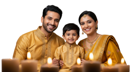 Smiling family wearing traditional yellow clothing celebrates festival with candles, expressing joy and togetherness, Indian culture, festive atmosphere, warm lighting, happy mood