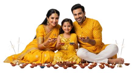 Family in traditional yellow clothing celebrating festival sitting together with clay oil lamps smiling joyfully festive atmosphere Indian culture happiness togetherness Diwali celebration