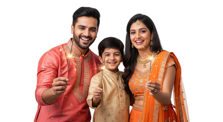 Happy Indian family in traditional clothing celebrating festival with sparklers, joyful expressions, festive mood, cultural attire, togetherness, smiling faces, vibrant colors