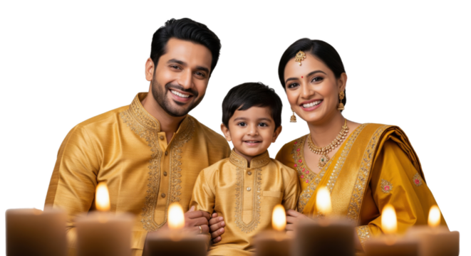 Smiling family wearing traditional yellow clothing celebrates festival with candles, expressing joy and togetherness, Indian culture, festive atmosphere, warm lighting, happy mood