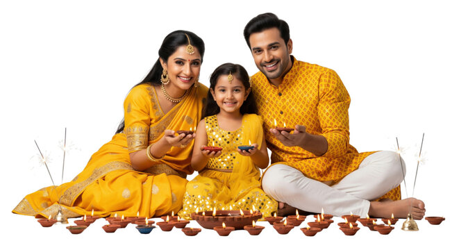Family in traditional yellow clothing celebrating festival sitting together with clay oil lamps smiling joyfully festive atmosphere Indian culture happiness togetherness Diwali celebration