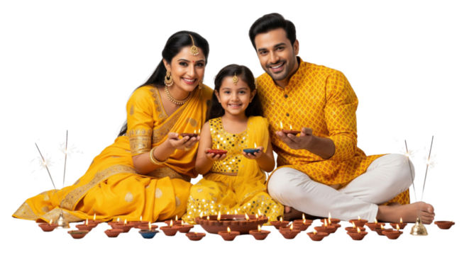 Family in traditional yellow clothing celebrating festival sitting together with clay oil lamps smiling joyfully festive atmosphere Indian culture happiness togetherness Diwali celebration