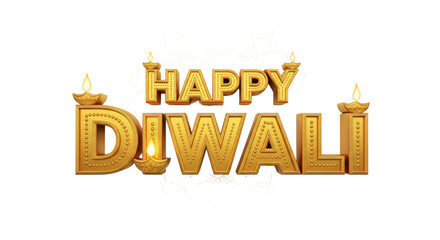 Happy Diwali golden text with glowing oil lamps, festive mandala pattern, and celebratory atmosphere, perfect for festival greeting, invitation, or decoration design