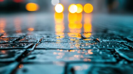 Rain creating shimmering reflections of city lights on a cobblestone street, enhancing the urban atmosphere during a dark, damp night