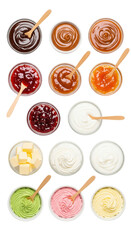 Assorted sweet spreads, creamy toppings, fruit jam, butter, and colorful frosting in glass bowls with wooden spoons, arranged on transparency background, evoke cheerful mood