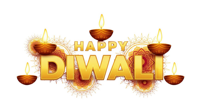 Happy Diwali golden text with glowing oil lamps, intricate mandala patterns, and festive lights, creating joyful and celebratory atmosphere for festival of lights