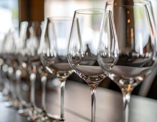 Row of sparkling empty wine glasses lined up on a bar. Perfect for tastings, events, celebrations, or hospitality concepts.
