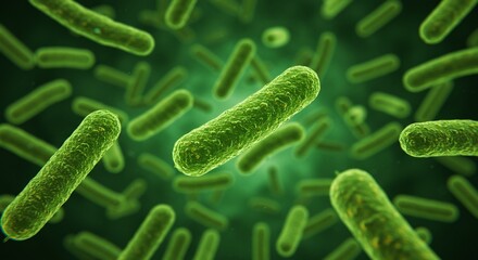 Microscopic View of Rod-Shaped Bacteria in Green Hue