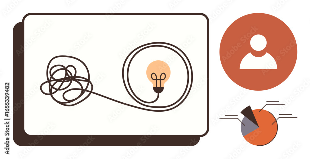 Poster tangled line morphs into a lit bulb as visual metaphor for problem-solving, creativity, and innovati