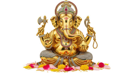 Fototapeta premium Golden Ganesha statue, adorned with jewels, sitting cross legged with vibrant flower petals and marigold at base, symbolizing prosperity, wisdom, and spiritual energy