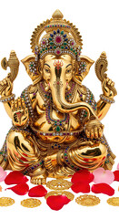 Fototapeta premium Golden Ganesha statue adorned with colorful jewels, sitting with one hand raised in blessing, surrounded by rose petals and gold coins, symbolizing prosperity and spirituality