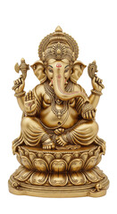 Golden Hindu deity statue elephant head ornate crown seated on lotus pedestal intricate details spiritual symbol traditional Indian art peaceful expression religious sculpture