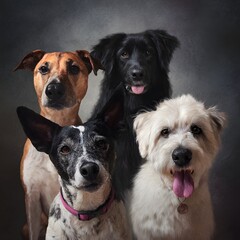 Fototapeta premium Artistic group portrait of four diverse mixed-breed dogs posing together with unique expressions.