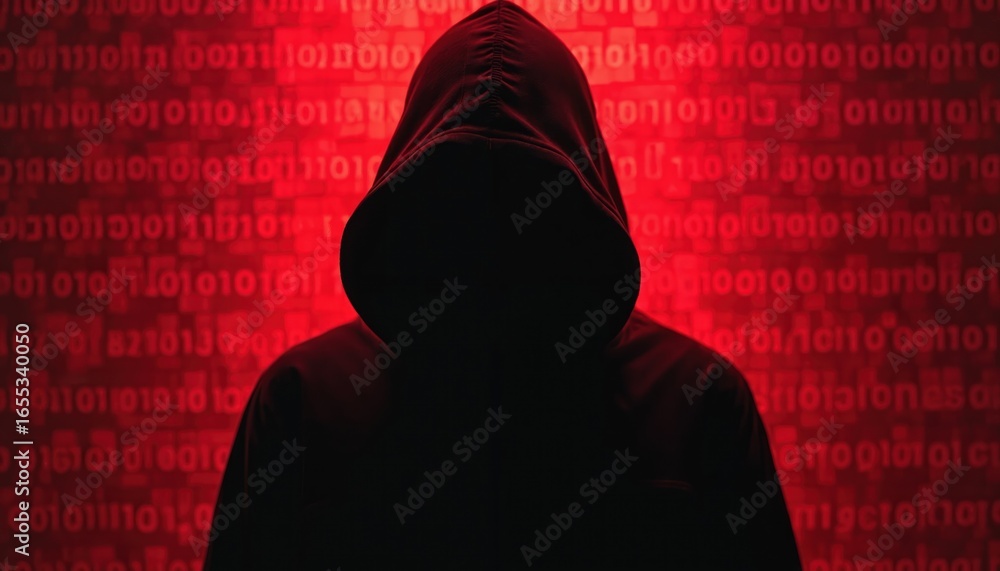 Poster illustration of hooded figure in silhouette against red background with binary code. cybersecurity, 
