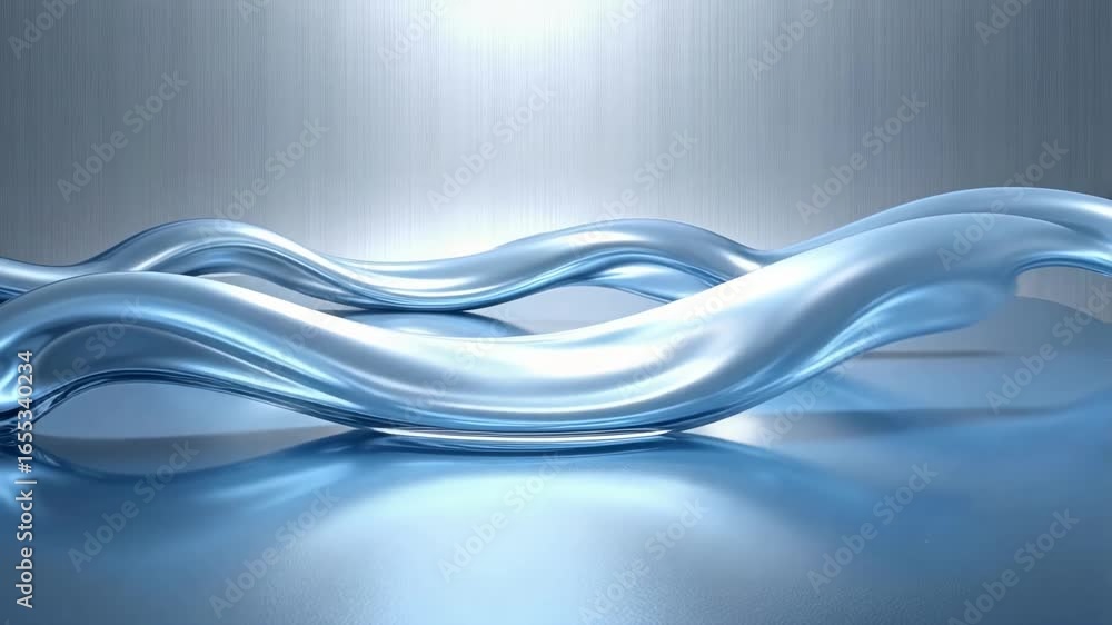 Poster captivating flowing liquid metal curves shimmer with cool blue light, creating a dynamic abstract ba