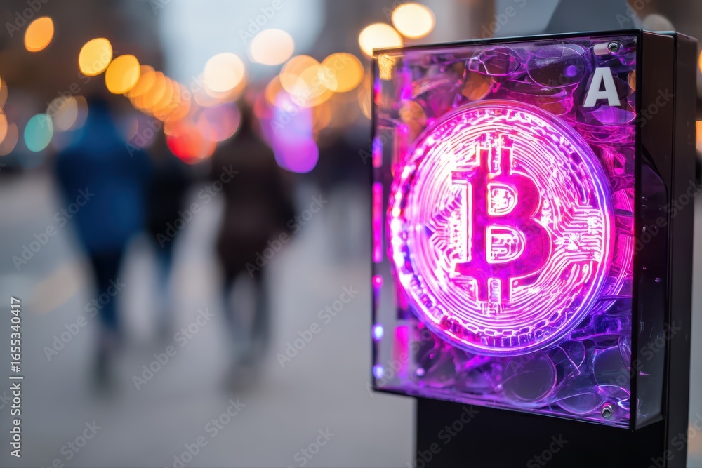 Poster a close-up shot of a bitcoin resting on a street sign, showcasing the intersection between digital c