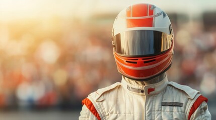 Portrait of a race car driver in a helmet and suit, confidently posing on the speedway under the bright sun, embodying the thrill of motorsport